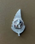 Silver decorative item on a brown surface