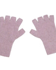 A pair of merino fingerless gloves in red, being worn by a person.