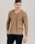 A man wearing a beige V-neck sweater, which appears to be made of a fine, luxurious fabric.