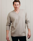 Man wearing lichen Cashmere V Neck Sweater - Kapeka NZ