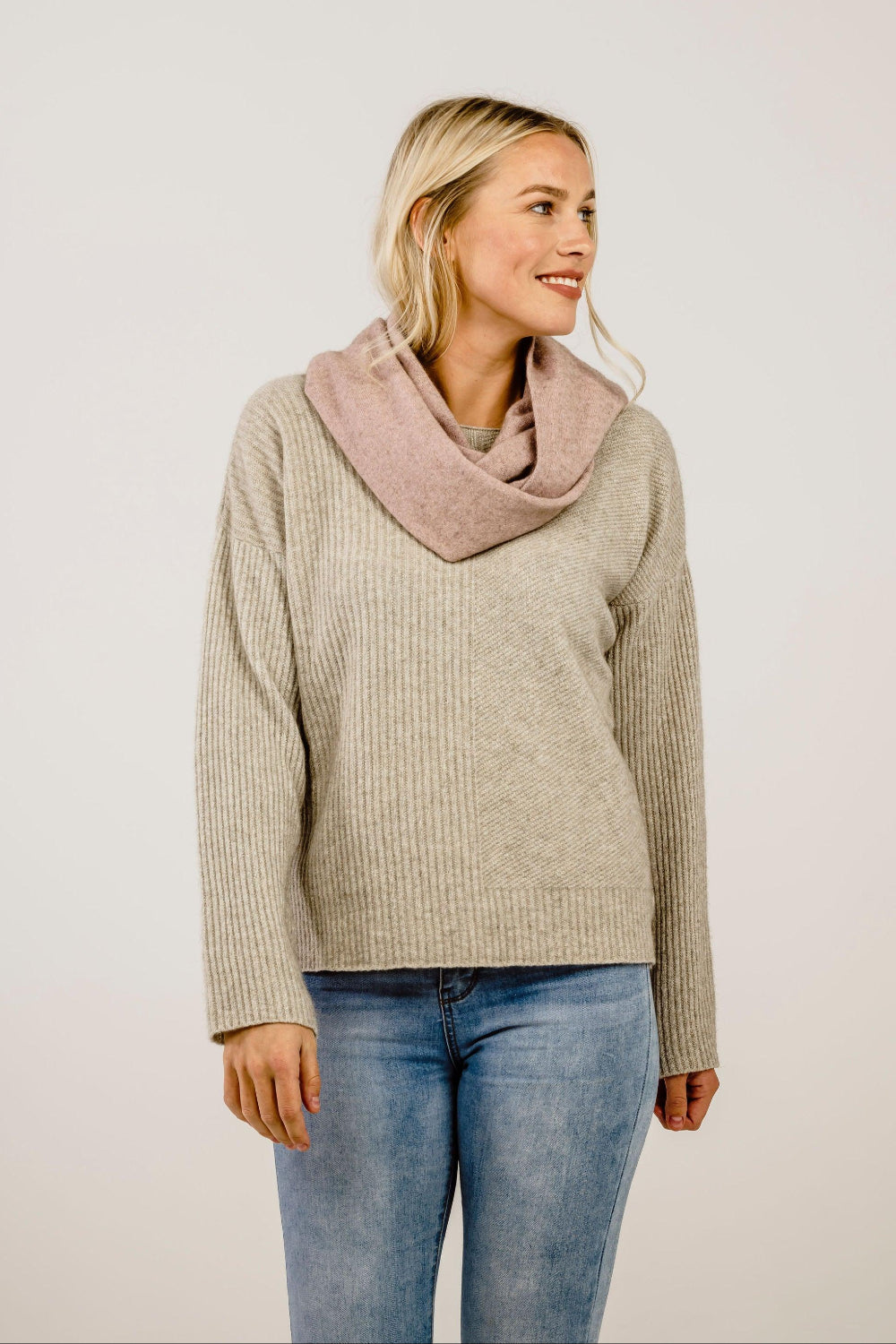 Woman wearing pink Merinosilk Loop Scarf