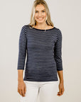 Woman wearing Striped Merino Boat Neck Shirt - Kapeka NZ