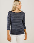 Woman wearing Striped Merino Boat Neck Shirt - Kapeka NZ