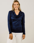 Woman wearing a navy Merino Cowl Neck - Kapeka NZ