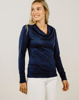 Woman wearing a navy Merino Cowl Neck - Kapeka NZ
