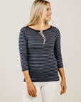 Woman wearing Striped Merino Boat Neck Shirt - Kapeka NZ