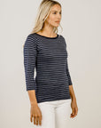 Woman wearing Striped Merino Boat Neck Shirt - Kapeka NZ
