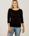 Woman wearing black Merino Boat Neck Shirt - Kapeka NZ