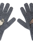 A pair of gray gloves featuring a sheep and a kiwi bird on the back of each hand.