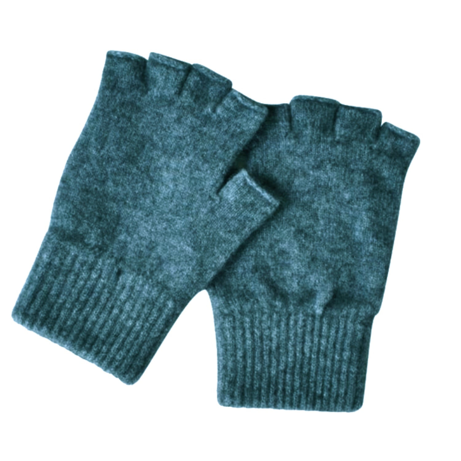 Pair of teal fingerless gloves on a white background