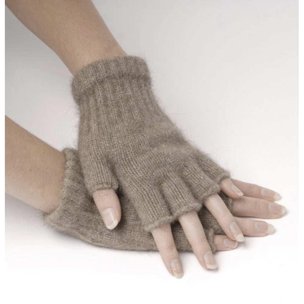 Brown fingerless gloves worn on a white background