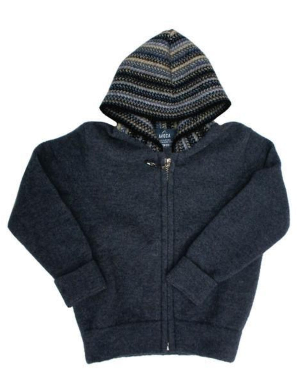 Children's navy blue hoodie with a patterned hood on a white background
