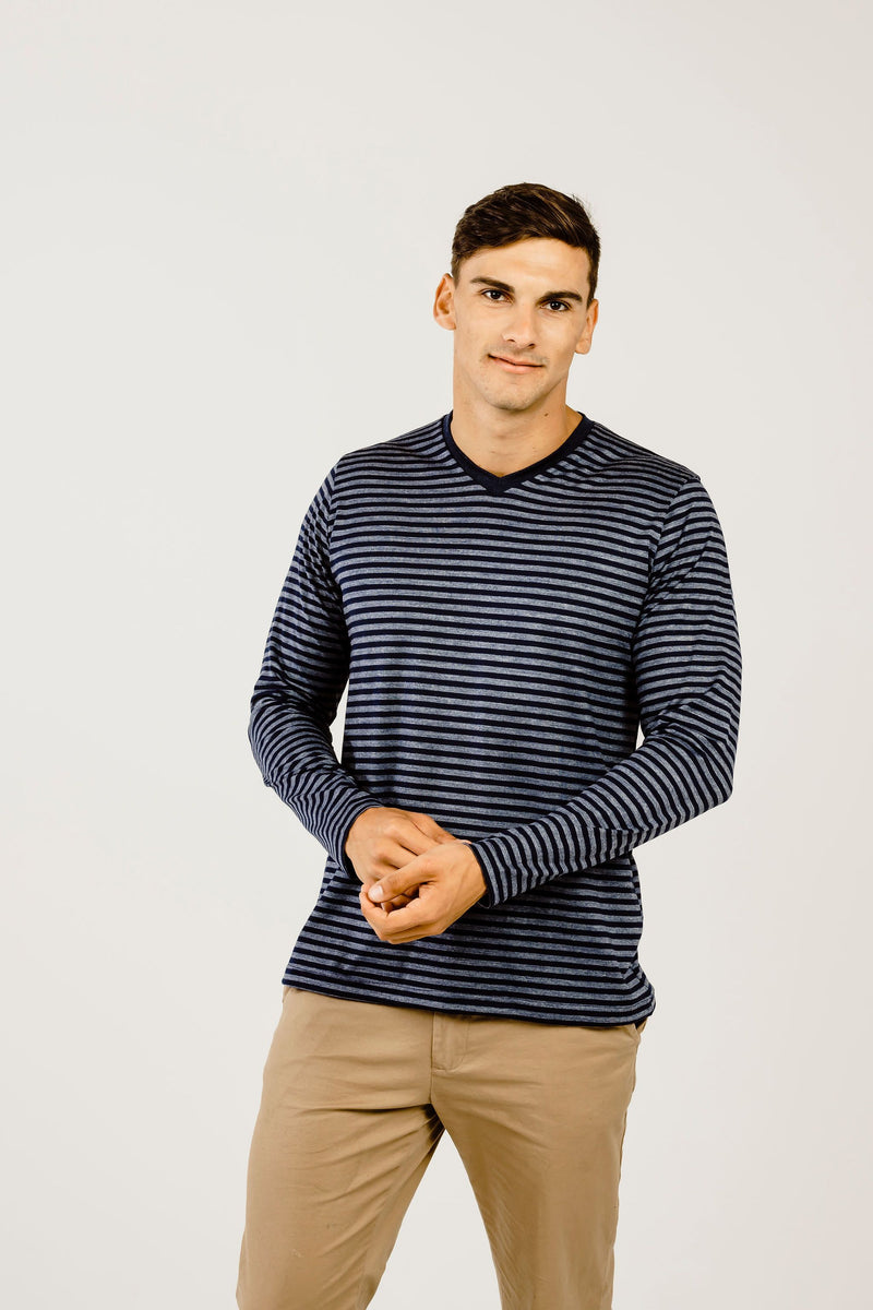 Striped Merino V Neck Long Sleeve T-Shirt - Kapeka NZ