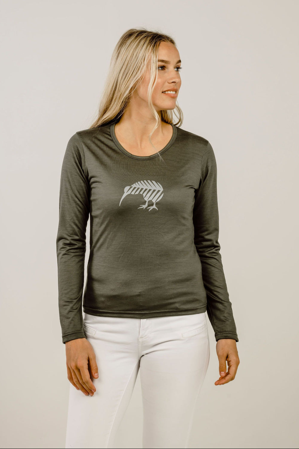 Woman wearing Merino Kiwi Long Sleeve Ladies T-Shirt - Kapeka NZ